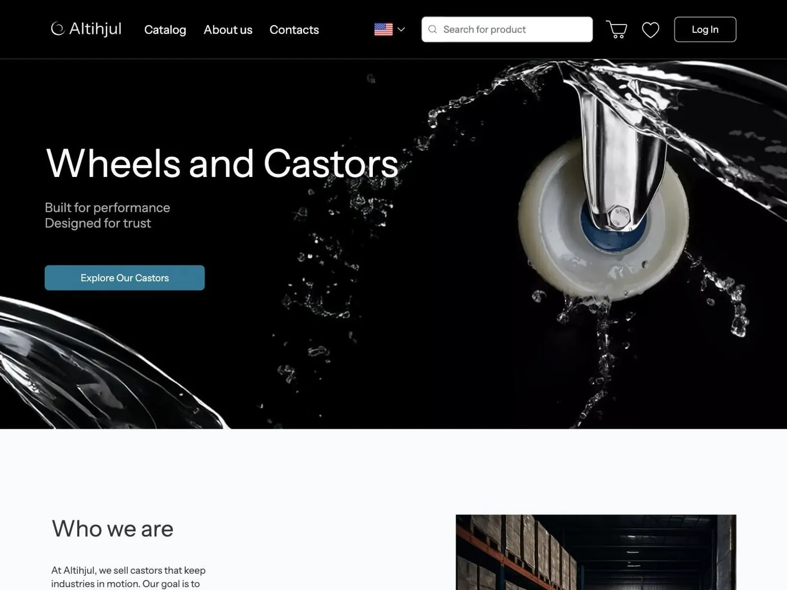A wheels and castors storefront: a castor under a splash of water across a black hero, with catalogue, search, cart and login along the top.