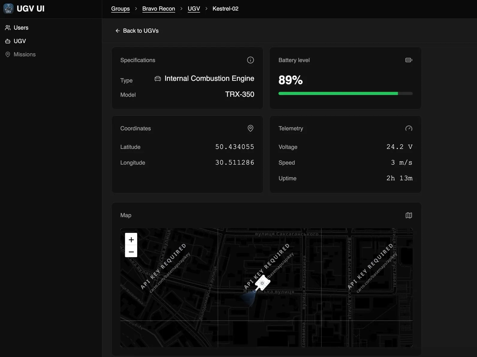 A vehicle page in the control app: specifications, an 89% battery reading, live telemetry and the vehicle's position on a map.