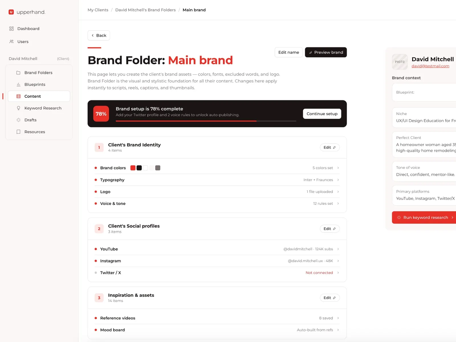 A client's brand folder in the content platform, listing agreed colours, typography, logo and voice rules beside a setup progress bar.